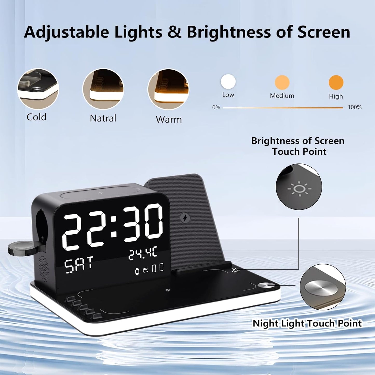 7-in-1 Wireless Charger: With Digital Clock, Temperature/Date, Compatible with iPhone 16/15/14/13 Series, S24/S23, AirPods, TWS & iWatch, Adjustable Night Light & Fast Charging, 33W Adapter