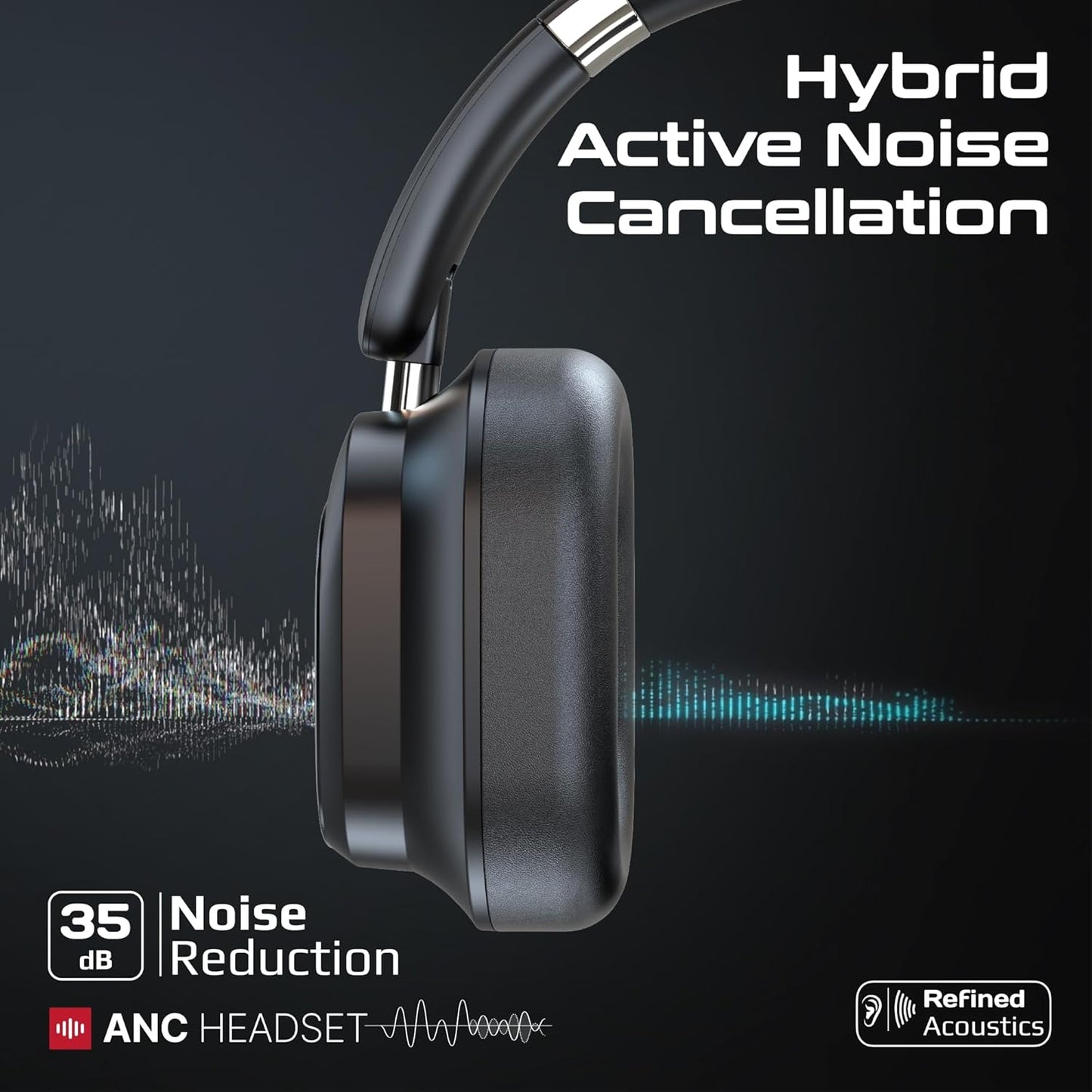 LED Touch Screen Over Ear Headphones with Hybrid Active Noise Cancellation, Detachable Magnetic LCD Touch Screen Controller Foldable Headband, (Black)
