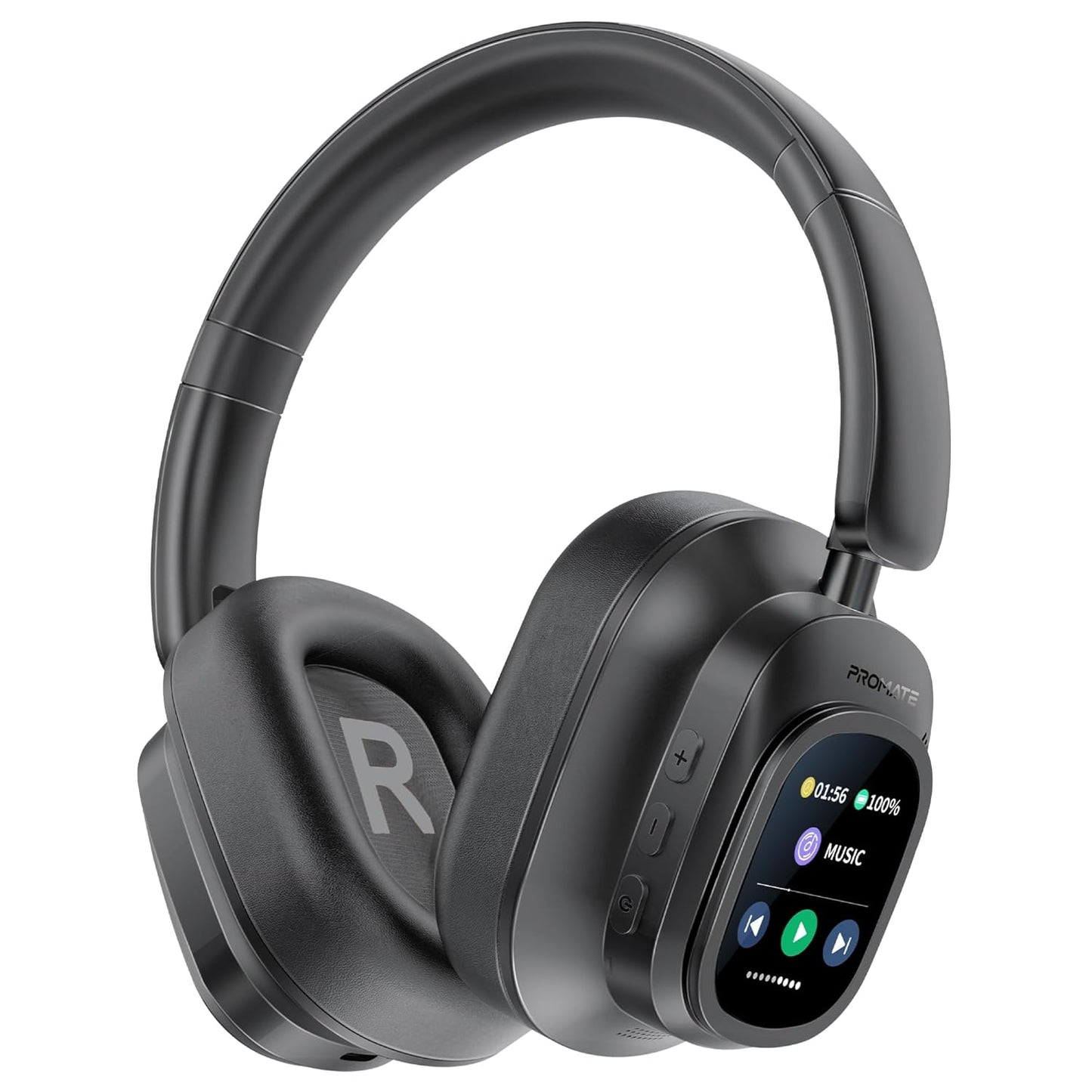 LED Touch Screen Over Ear Headphones with Hybrid Active Noise Cancellation, Detachable Magnetic LCD Touch Screen Controller Foldable Headband, (Black)