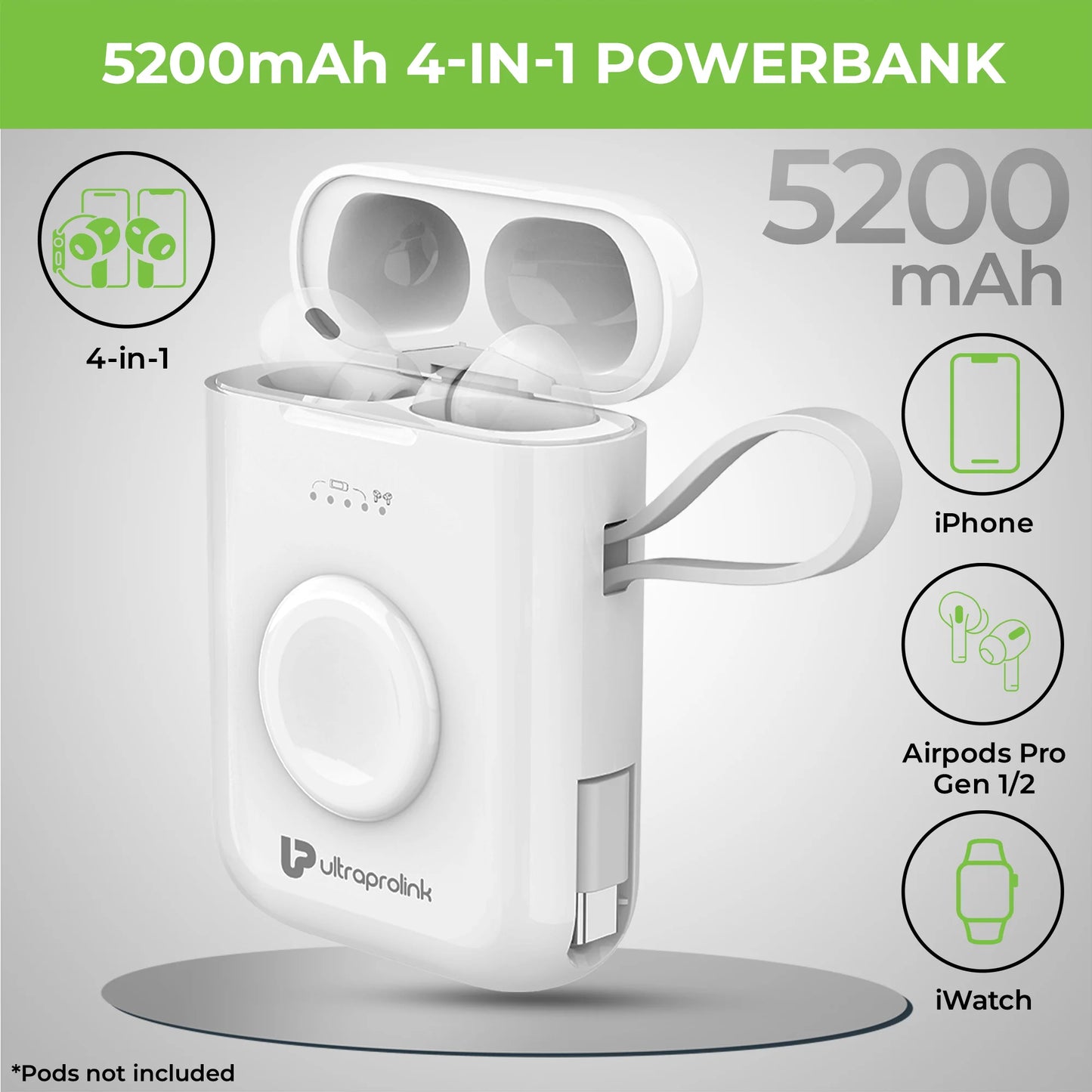Ultra - Pro - Link Quad Pod 4-in-1 Power-Bank for iPhone - Pods Pro  Replacement Case with Wireless Sync 5200 mAh-15W