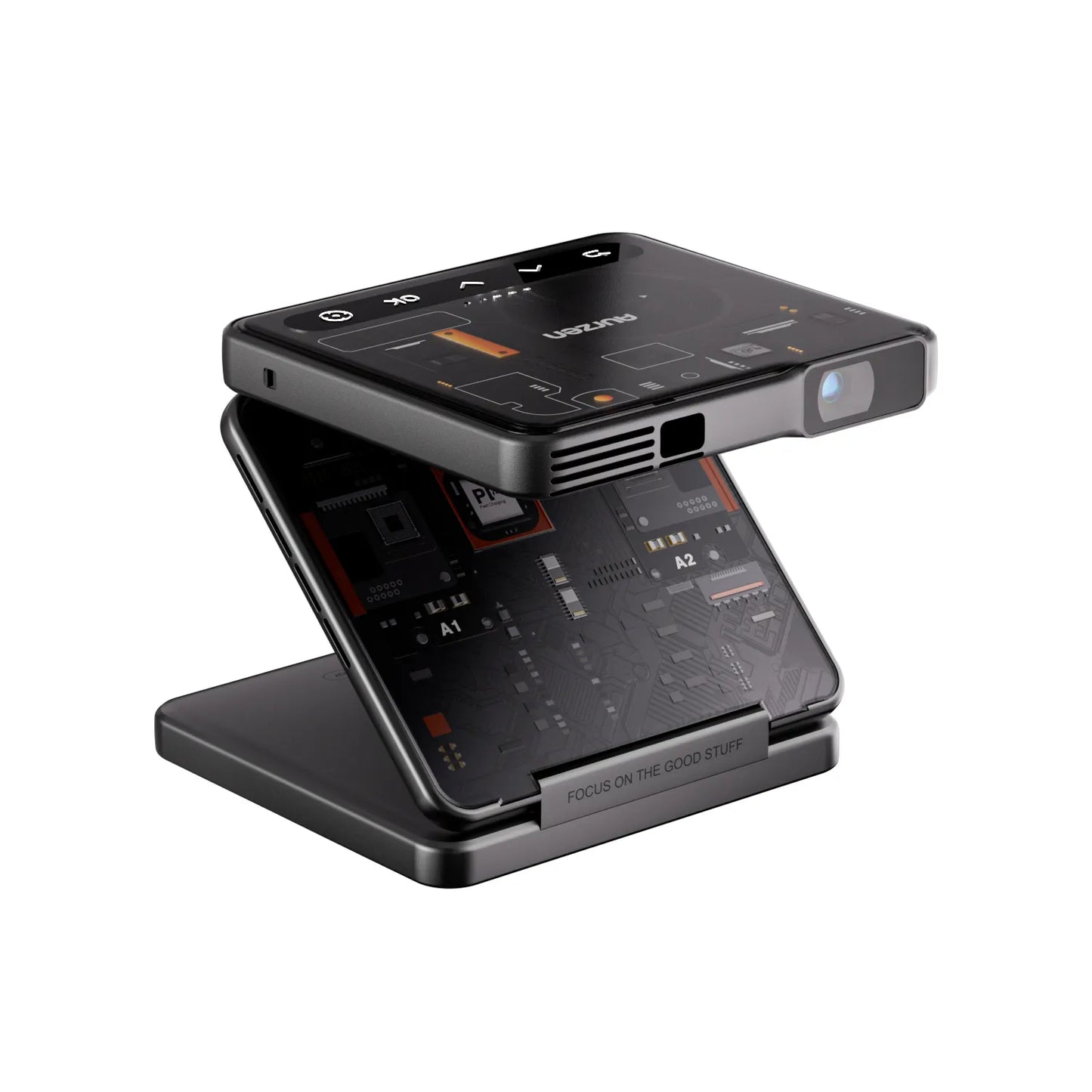 Projection lens view of ZIP Cyber Edition in action, with inner circuit design exposed in cyber aesthetic