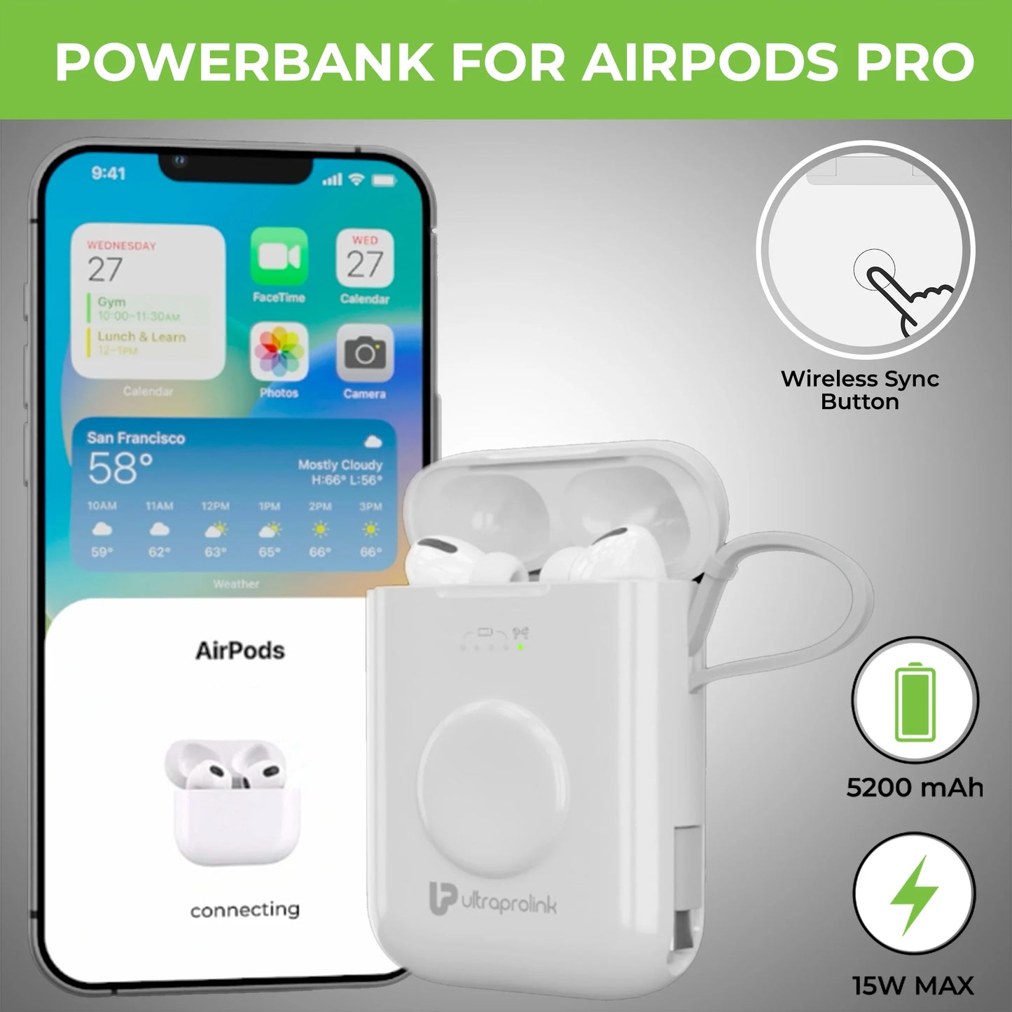 Ultra - Pro - Link Quad Pod 4-in-1 Power-Bank for iPhone - Pods Pro  Replacement Case with Wireless Sync 5200 mAh-15W