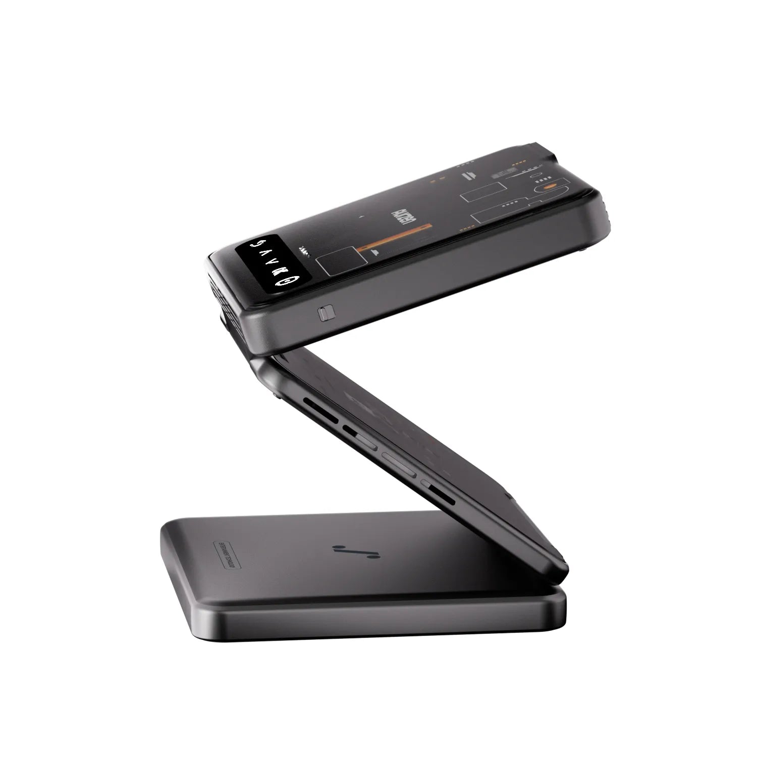 Side view of ZIP Cyber Edition partially unfolded into a Z-shape with visible ports and hinge structure