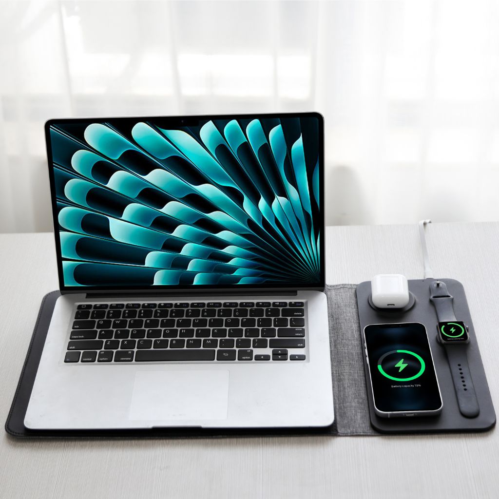 4 in 1 Laptop Sleeve with Wireless Charging Power Sleeve Pro, Slim-Flexible Case, Mousepad, Surface Mat. , Charge 2 Devices at Once USB-C Port, Compatible with MacBook