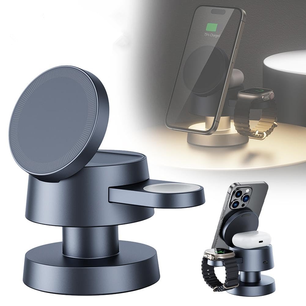 Mushroom Light Charger 4 In 1 Mini Car Magnetic Watch Support Ambient Fast Bracket Lamp Compatible for iPhone 16/15/14/13/12 Series, Along with AirPods, and Apple Watch