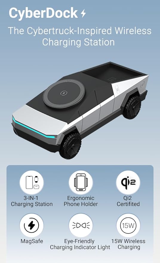 Cybers-Dock Cyber-truck-like 3-in-1 Wireless Charging Station | Fast Charging Dock for Phone, Watch & Earbuds