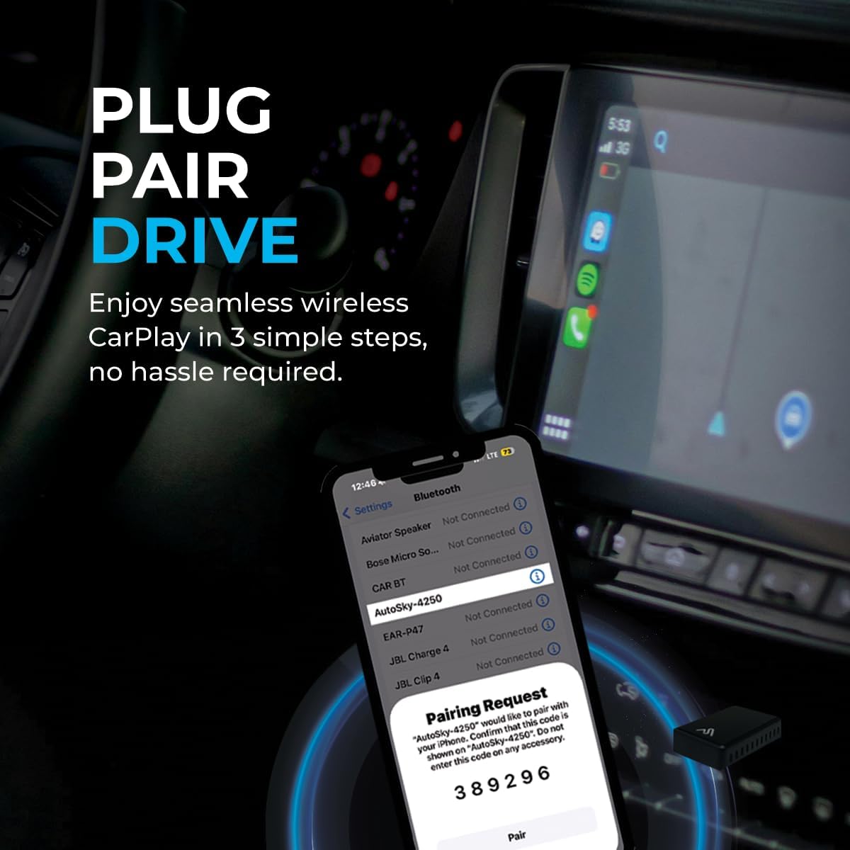 Auto_Sky CarPlay TV Adapter – Convert Any Wired CarPlay to Wireless CarPlay - Plug in a TV Stick to Stream Netflix, YouTube, and More