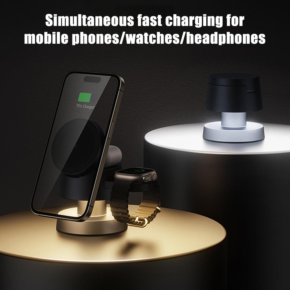 Mushroom Light Charger 4 In 1 Mini Car Magnetic Watch Support Ambient Fast Bracket Lamp Compatible for iPhone 16/15/14/13/12 Series, Along with AirPods, and Apple Watch