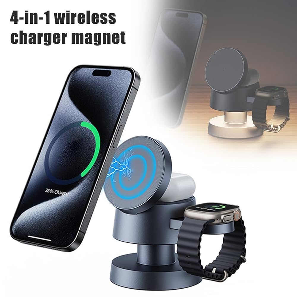 Mushroom Light Charger 4 In 1 Mini Car Magnetic Watch Support Ambient Fast Bracket Lamp Compatible for iPhone 16/15/14/13/12 Series, Along with AirPods, and Apple Watch