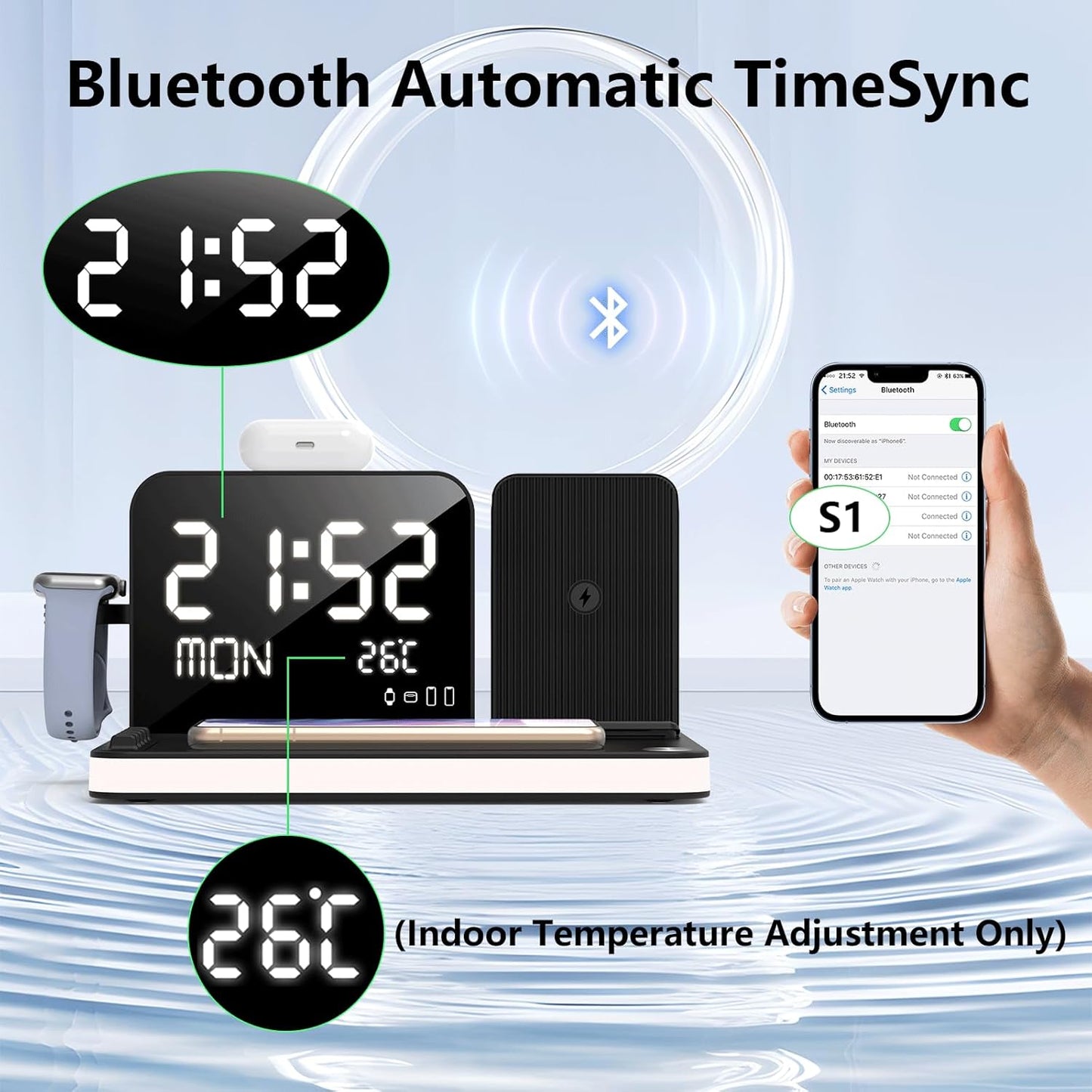7-in-1 Wireless Charger: With Digital Clock, Temperature/Date, Compatible with iPhone 16/15/14/13 Series, S24/S23, AirPods, TWS & iWatch, Adjustable Night Light & Fast Charging, 33W Adapter