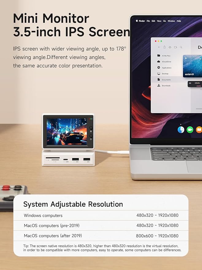 3.5 in Portable Mini Monitor USB-C Type-C Integrated Docking Station with IPS Screen 178 Wide Viewing Angle