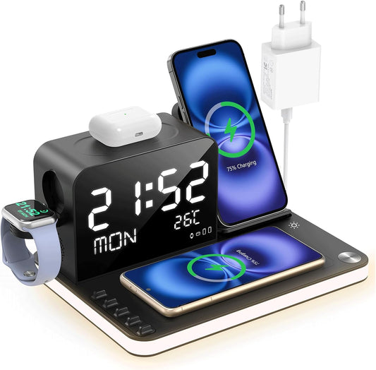 7-in-1 Wireless Charger: With Digital Clock, Temperature/Date, Compatible with iPhone 16/15/14/13 Series, S24/S23, AirPods, TWS & iWatch, Adjustable Night Light & Fast Charging, 33W Adapter