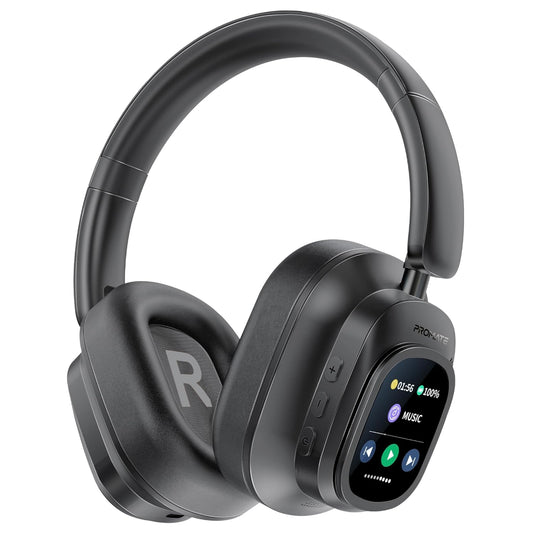 LED Touch Screen Over Ear Headphones with Hybrid Active Noise Cancellation, Detachable Magnetic LCD Touch Screen Controller Foldable Headband, (Black)