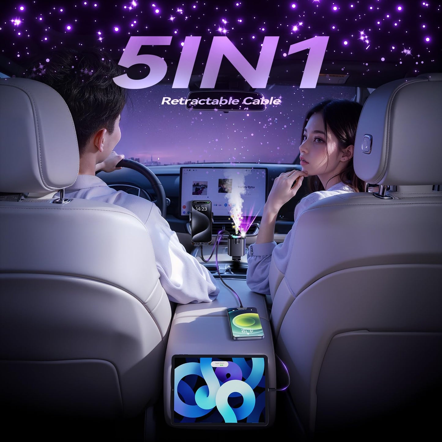 "Starlight Retractable Car Charger with Aromatherapy 5-in-1: Retractable Charger, Diffuser & Starlight Car Companion"