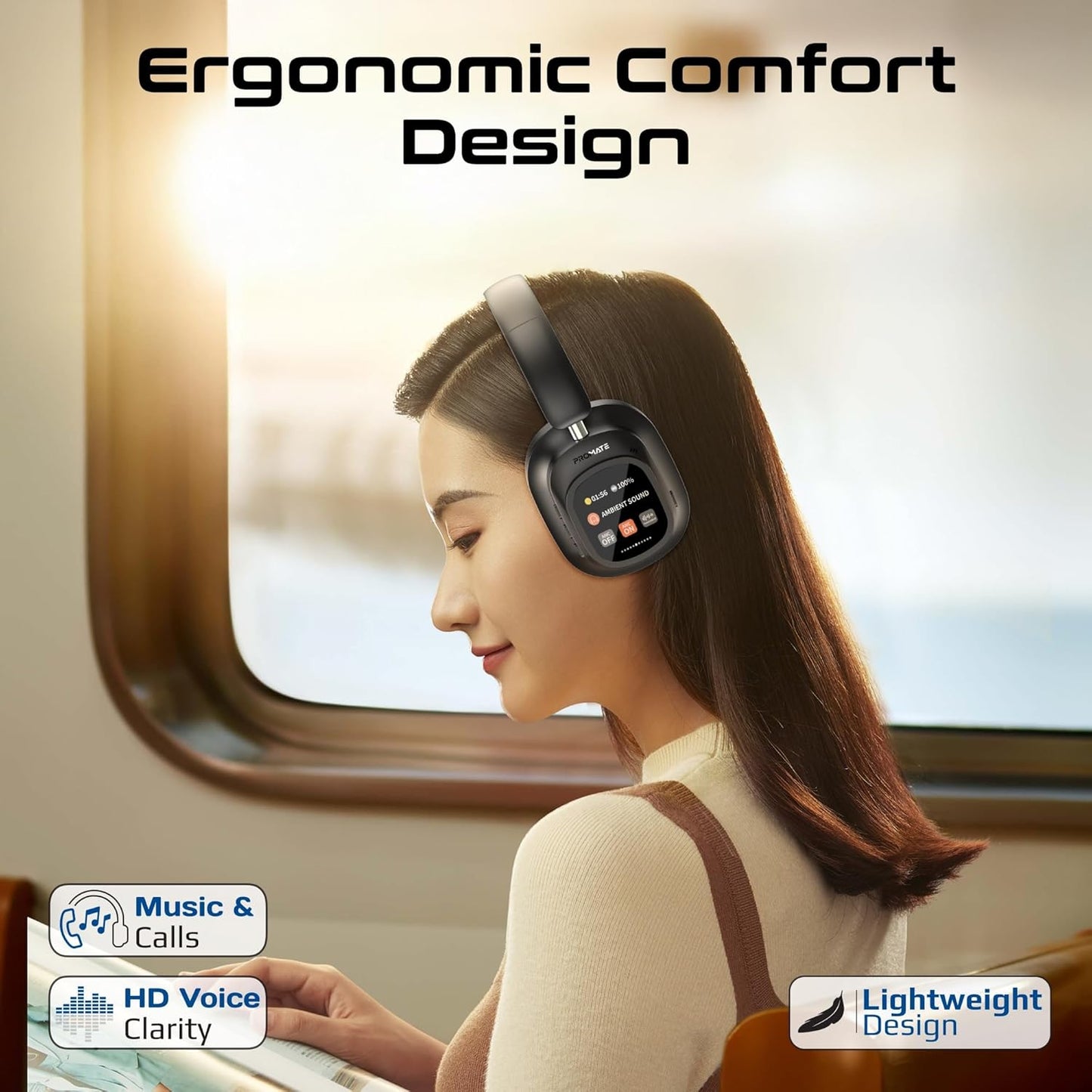 LED Touch Screen Over Ear Headphones with Hybrid Active Noise Cancellation, Detachable Magnetic LCD Touch Screen Controller Foldable Headband, (Black)