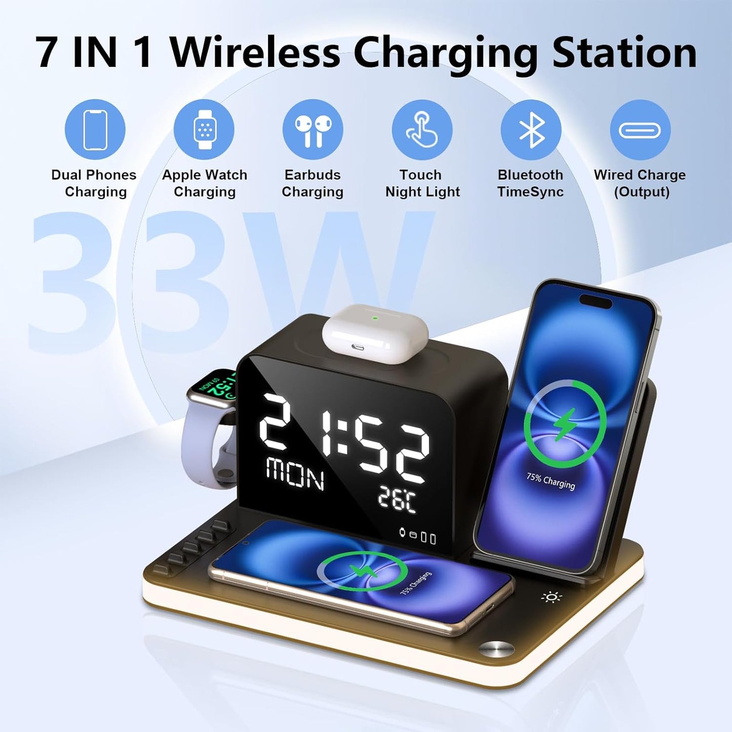 7-in-1 Wireless Charger: With Digital Clock, Temperature/Date, Compatible with iPhone 16/15/14/13 Series, S24/S23, AirPods, TWS & iWatch, Adjustable Night Light & Fast Charging, 33W Adapter
