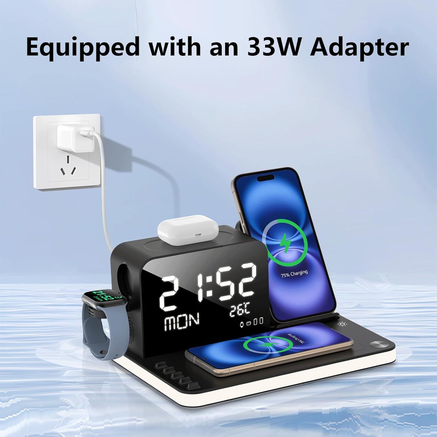 7-in-1 Wireless Charger: With Digital Clock, Temperature/Date, Compatible with iPhone 16/15/14/13 Series, S24/S23, AirPods, TWS & iWatch, Adjustable Night Light & Fast Charging, 33W Adapter