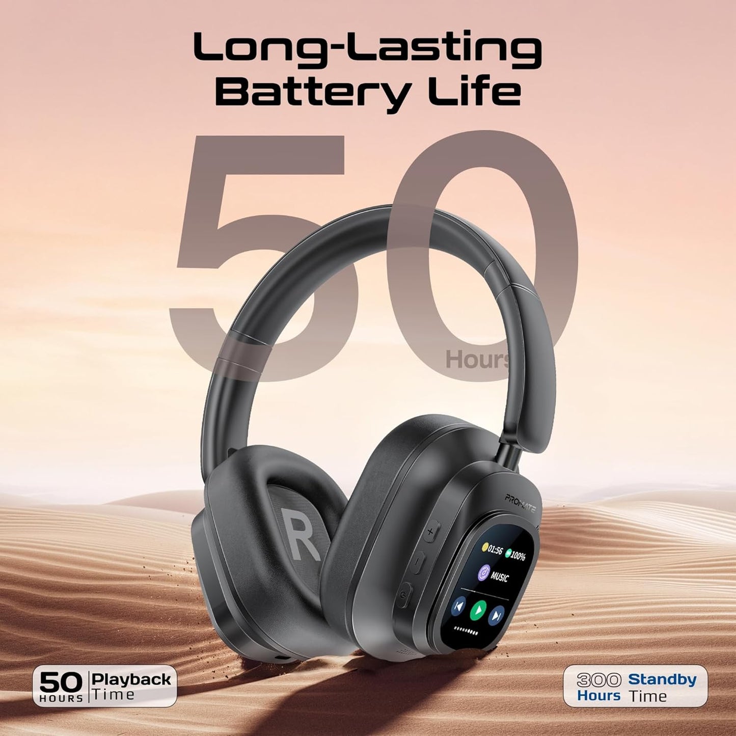 LED Touch Screen Over Ear Headphones with Hybrid Active Noise Cancellation, Detachable Magnetic LCD Touch Screen Controller Foldable Headband, (Black)