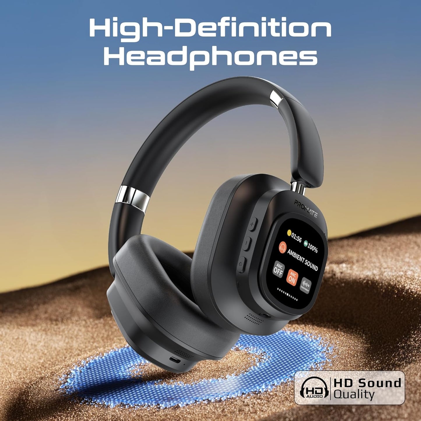 LED Touch Screen Over Ear Headphones with Hybrid Active Noise Cancellation, Detachable Magnetic LCD Touch Screen Controller Foldable Headband, (Black)