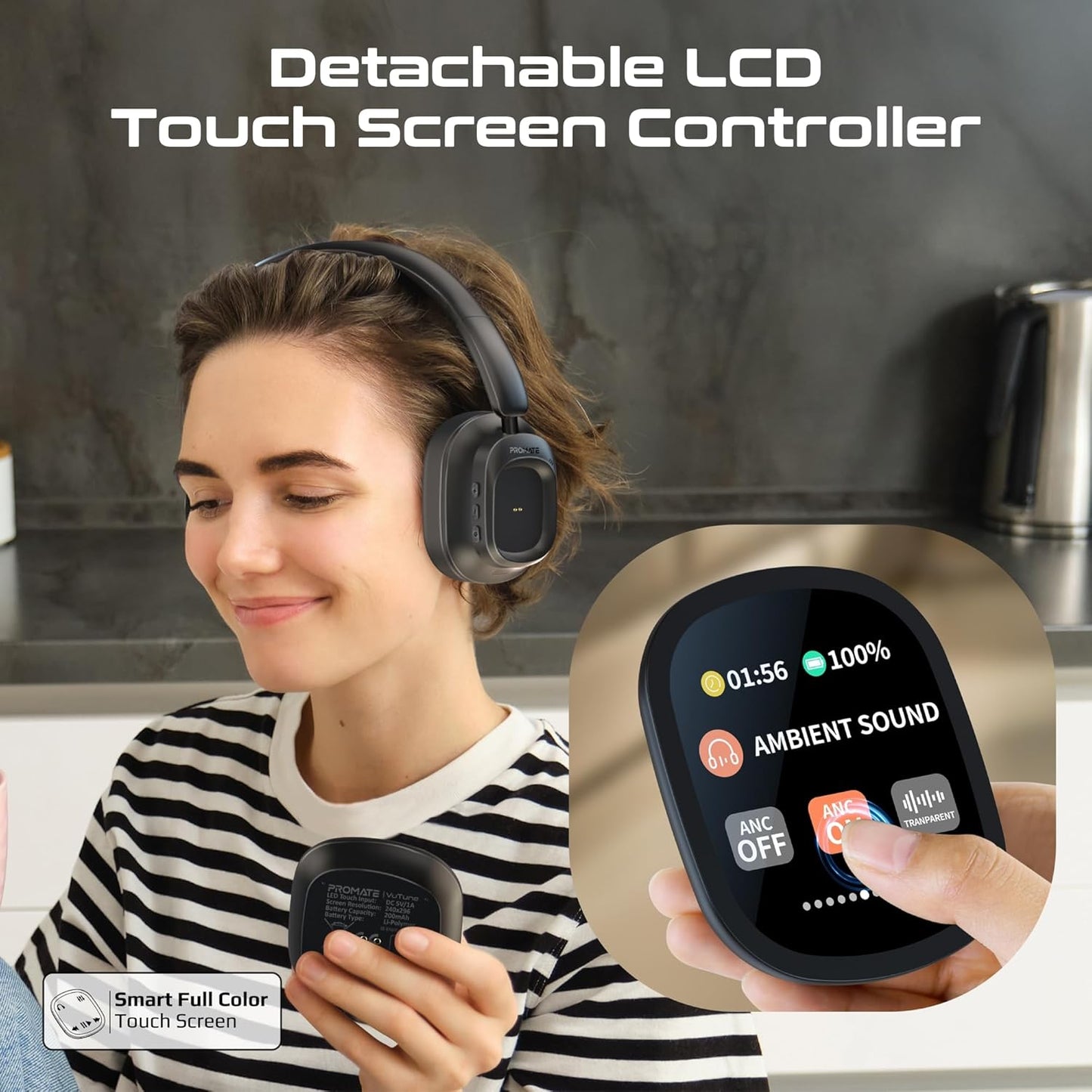 LED Touch Screen Over Ear Headphones with Hybrid Active Noise Cancellation, Detachable Magnetic LCD Touch Screen Controller Foldable Headband, (Black)