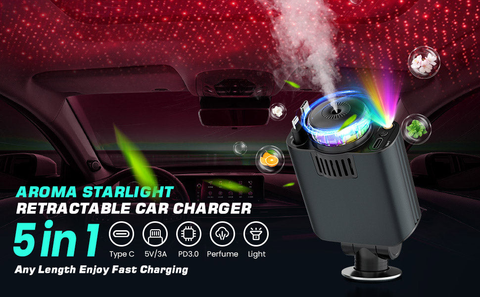 "Starlight Retractable Car Charger with Aromatherapy 5-in-1: Retractable Charger, Diffuser & Starlight Car Companion"