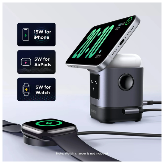 Ugreen mini portable wireless Stand, 3 in 1 Fast Charge Charging Station Compatible with Mag safe Charger Stand for iPhone + AirPods